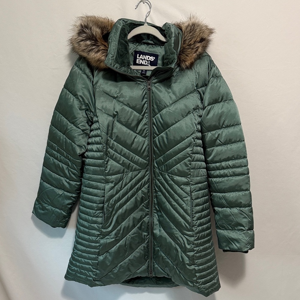 Lands End Puffer Jacket Primaloft Faux Fur Hood Zip Up Sz XL 18 metallic green